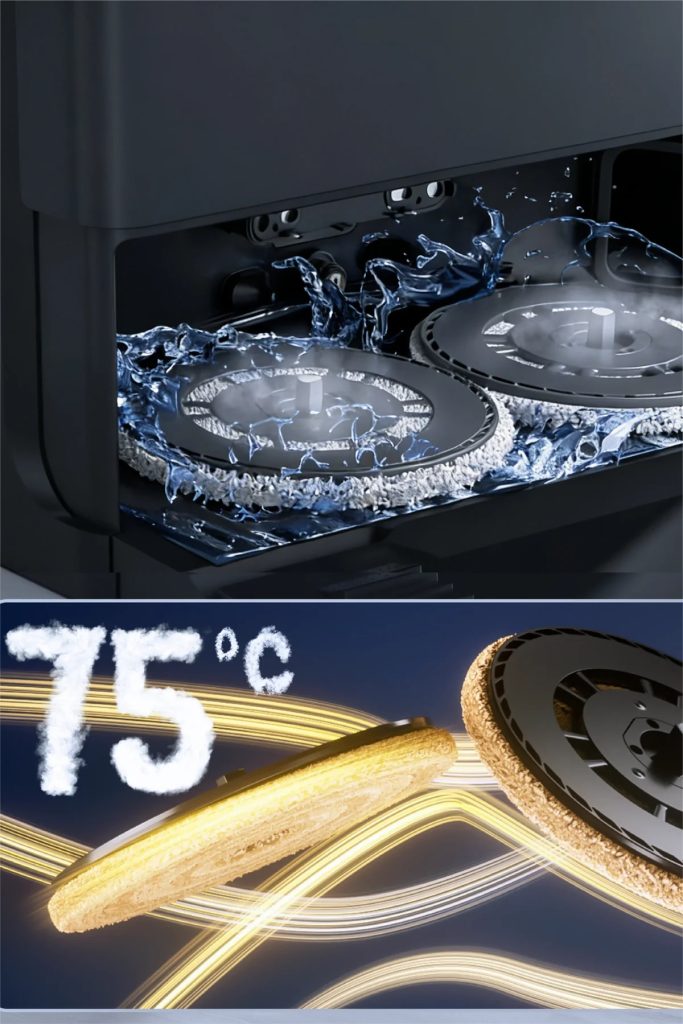 Stacja JONR X1 Max myjąca dwa obrotowe mopy wodą, poniżej napis 75°C i mopy suszone strumieniem gorącego powietrza