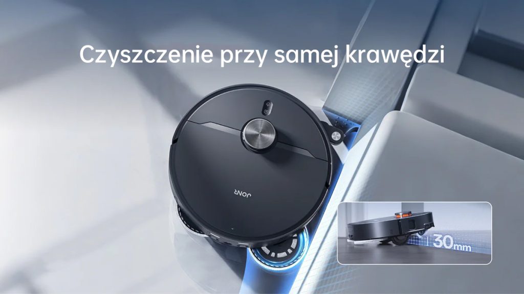 Czyszczenie przy samej krawędzi: czarny robot JONR X1 Max z wysuniętym mopem przy ścianie, w ramce widok z boku i wymiar 30 mm