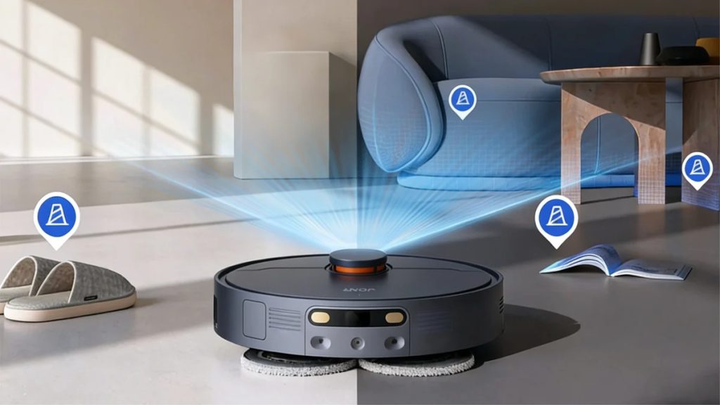 Robot JONR X1 Max skanuje salon wiązką czujnika i rozpoznaje przeszkody: kapcie, książkę, fotel i stolik