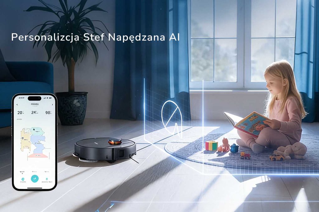 Personalizacja stref napędzana AI: robot JONR X1 Max omija wirtualną strefę wokół dywanu z dzieckiem, obok telefon z mapą