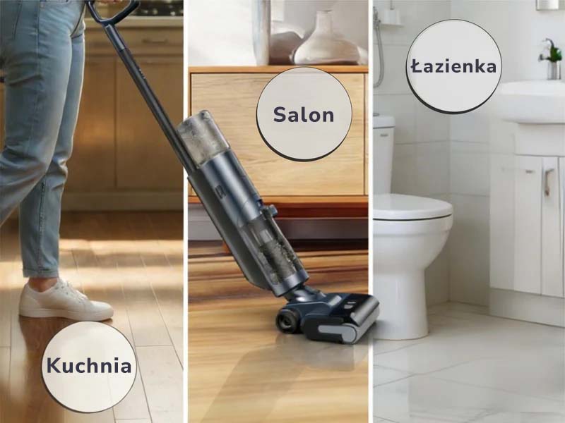 Odkurzacz myjący JONR ED12 Pro na tle trzech pomieszczeń z napisami Kuchnia, Salon i Łazienka – panele, drewno i płytki