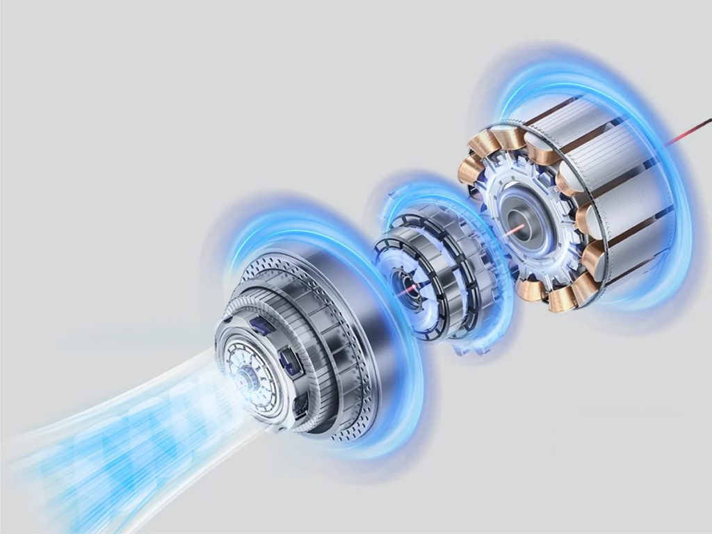 Silnik JONR ED12 Pro w widoku rozstrzelonym: turbina, wirnik z miedzianym uzwojeniem, z niebieskim strumieniem powietrza