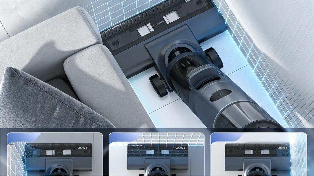 Biały odkurzacz myjący JONR ED12 zbiera z jasnej podłogi rozsypane płatki, pestki i rozlaną brązową ciecz jednocześnie
