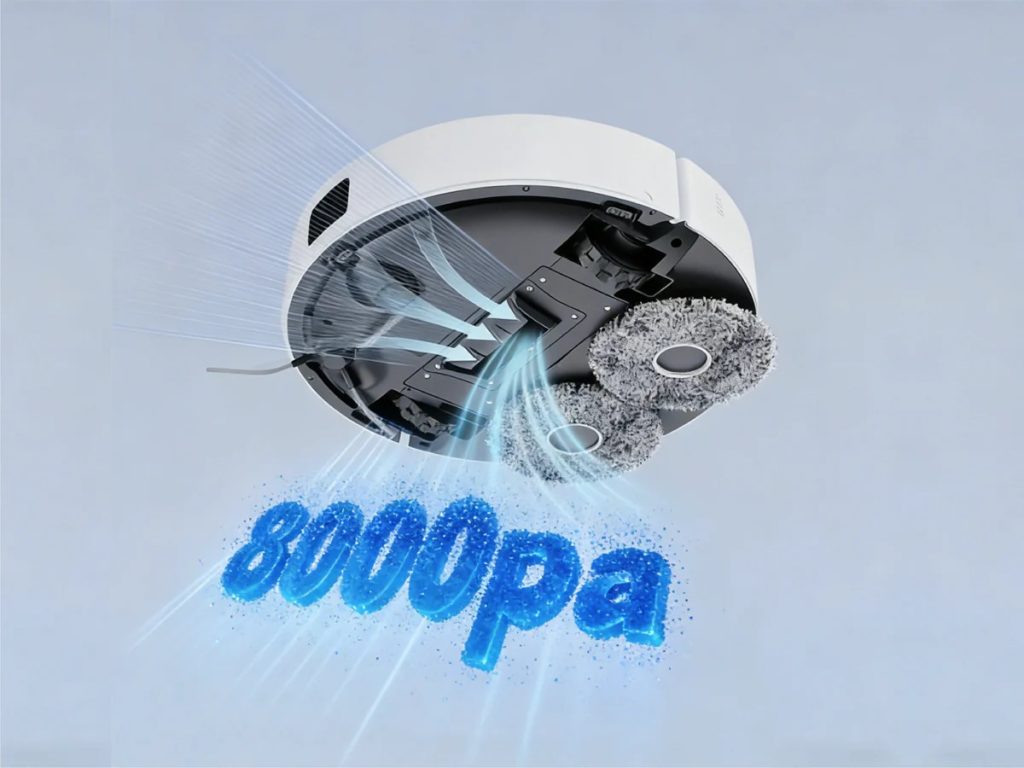 Biały robot sprzątający JONR T5 Lite widziany od spodu: dwa obrotowe mopy, zasysanie powietrza i napis 8000 Pa