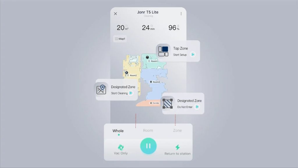 Zrzut z aplikacji Xiaomi Home, na którym widoczne są strefy sprzątania wyznaczone przez robota JONR T5 Lite