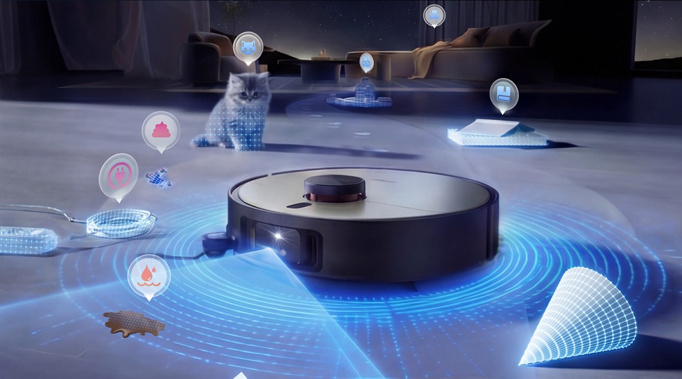 Robot JONR X9 Pro mapuje przestrzeń. Dookoła robota widoczna niebieska siatka symbolizująca proces mapowania